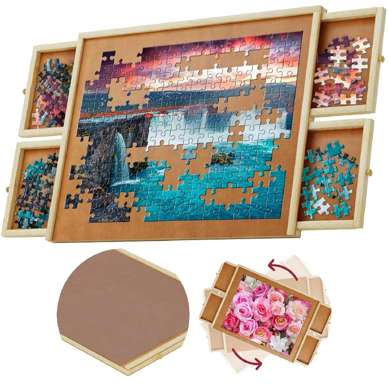 Wooden Puzzle for rest calm-1000 Piece Wooden Jigsaw Puzzle Board 4 Drawers, Rotating Puzzle Table 30”