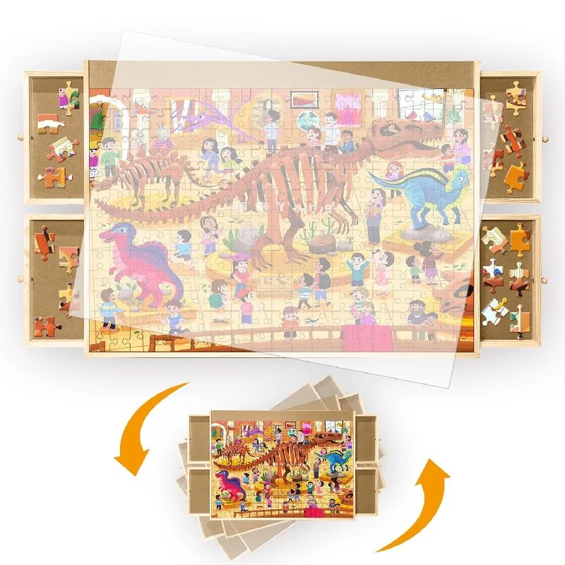 Wooden Puzzle for kid spaces-1000 Piece Wooden Jigsaw Puzzle Table 4 Drawers, Puzzle Board Portable, Rotati