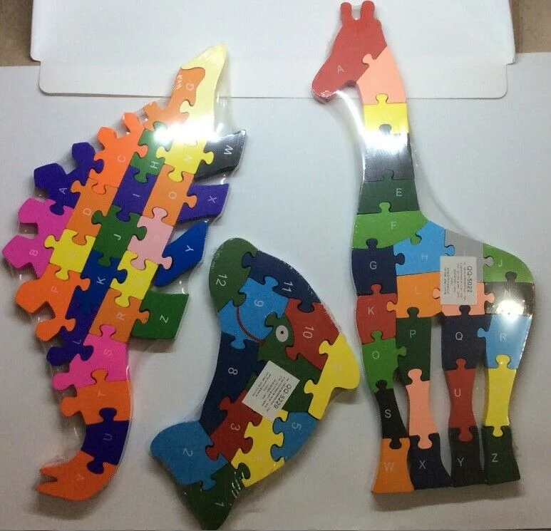 Digital Plaything for digital art-3 sets Jiraffe & Dinozaur & Dolphin Wooden ABC Numbers Puzzle For Kids