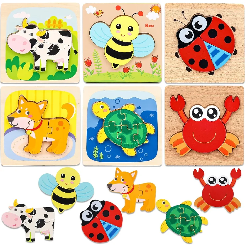 Wooden Puzzle for frozen fun-6Pcs Wooden Toddler Puzzles, Montessori Jigsaw Puzzles Wooden Animal Puzzle