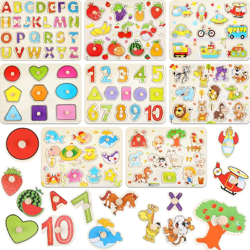 Digital Plaything for backyard fun-8 Set Wooden Peg Puzzles for Toddlers 2-4 Years Alphabet Number Animal Vehi