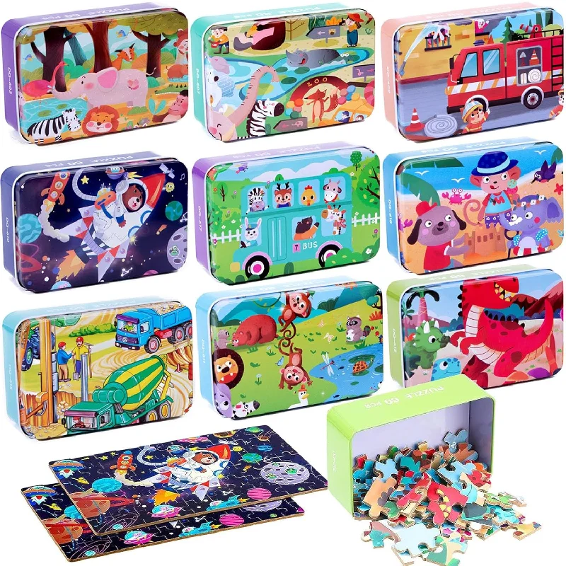 Wooden Puzzle for barnyard joy-9 Boxes Party Favors Jigsaw Puzzles In A Metal Box For Age Of 4 8, Wooden P