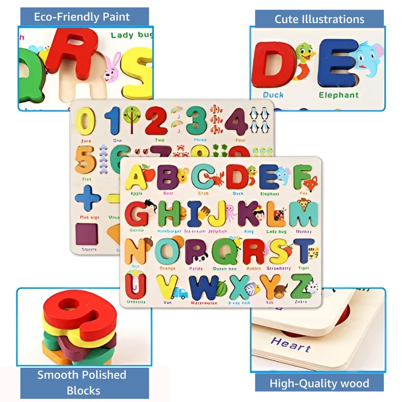 Digital Plaything for holiday gifts-Alphabet & Number Learning Board | 2 in 1 Preschool Early Educational Montessori Creative Interactive Game | Wooden Learning Puzzle Toy for Kids Children Boys Girls