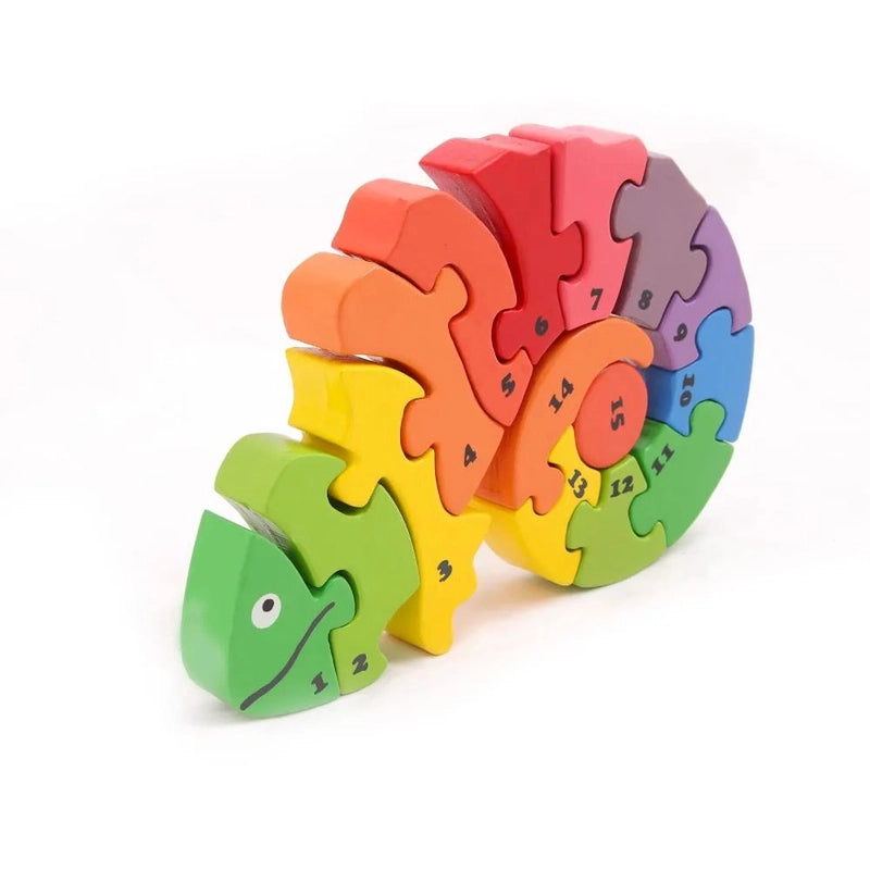 Digital Plaything for interactive stories-Chameleon Animal Puzzle, Wooden Number Counting(1 To 15) Puzzle, Stacking Toy (15 Pieces)