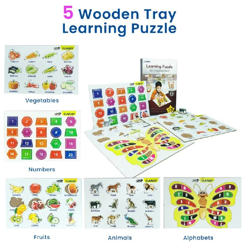 Digital Plaything for zoo visits-3D Wooden Educational Trays - Set of 5 (Fruits, Vegetables , Alphabets , Numbers and Shape , Animals)