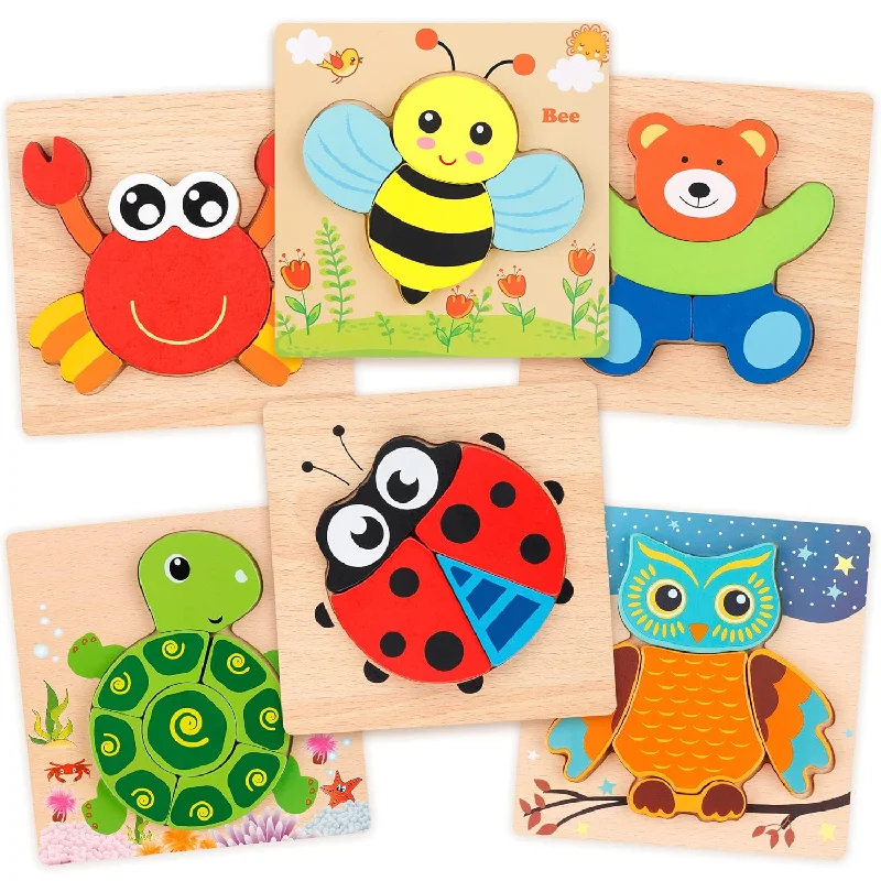 Wooden Puzzle for nature trails-Coogam Wooden Jigsaw Puzzle Set, 6 Pack Animal Shape Color Montessori Toy,