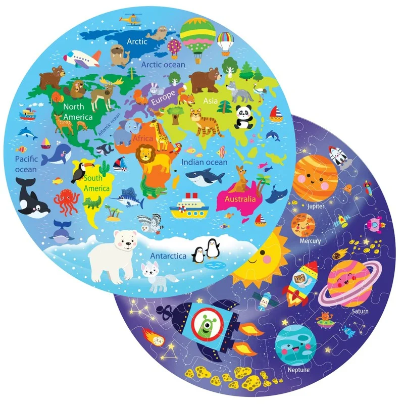 Wooden Puzzle for furry fun-Creative Wooden Jigsaw Puzzle - 66 Pcs - Pack of 2 (World Map & Solar System)