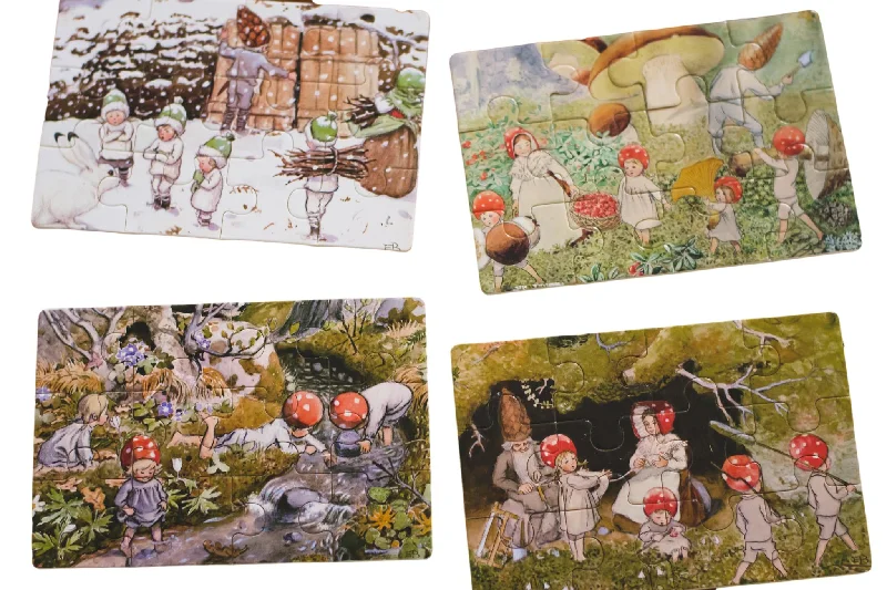 Wooden Puzzle for blooming fun-Elsa Beskow "Tomtebobarnen" Children of the Forest Jigsaw Puzzle Set in Wooden Box (4 puzzles - 12 pieces each)