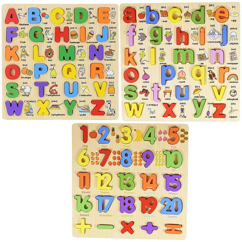 Digital Plaything for focus enhancement-3D Wooden Capital Alphabet, Small Alphabet & Numbers Puzzle with Pictures (Combo Set of 3)