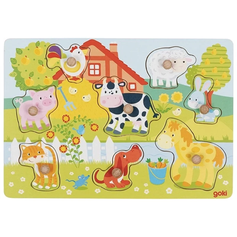 Wooden Puzzle for grade games-Goki Puzzle - Farm Animals