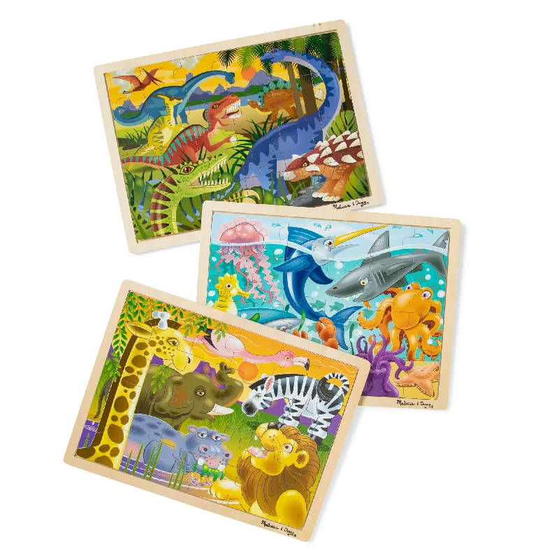 Wooden Puzzle for dorm play-Wooden Jigsaw Puzzle 3-Pack: Dinosaur, African Plains, Under the Sea