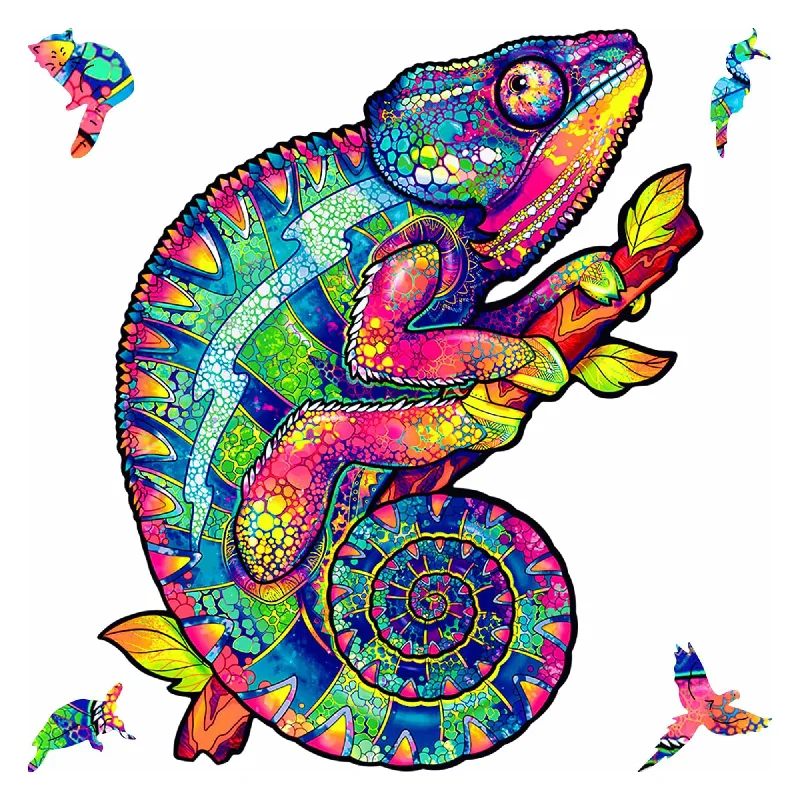 Wooden Puzzle for arid lands-Iridescent Chameleon 314 Piece Shaped Wooden Jigsaw Puzzle