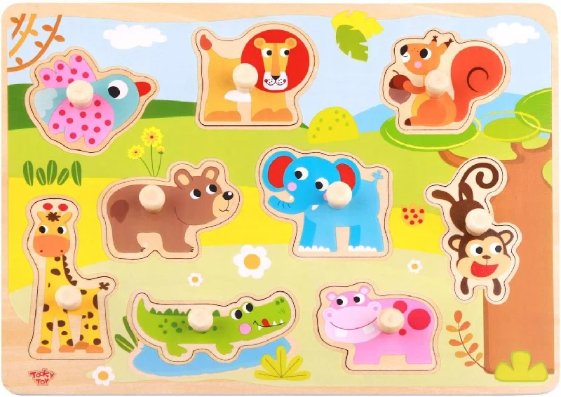 Wooden Puzzle for child spaces-iXium Wooden Jungle Safari Animal Jigsaw Puzzle Peg Shape Sorter Toddlers Toy Present 18 Months +