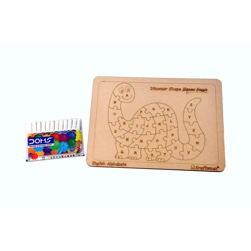 Wooden Puzzle for camp play-English Alphabets Wooden Jigsaw Puzzles Dinosaur Shape Puzzle | Color Kit Included