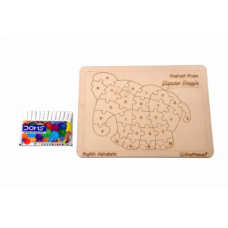 Wooden Puzzle for pupil art-English Alphabets Wooden Jigsaw Puzzles Elephant Shape Puzzle | Color Kit Included