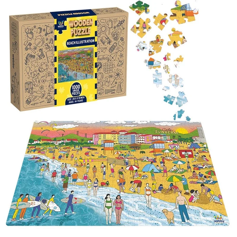 Wooden Puzzle for teen tasks-Beach Illustration Wooden Jigsaw Puzzle (1000 Pieces) Multicolor