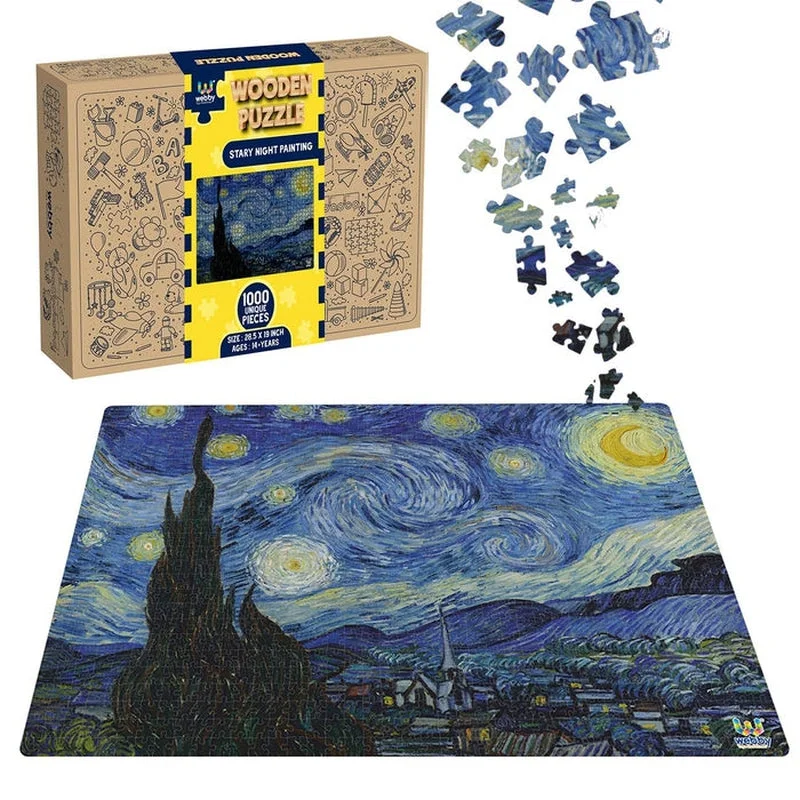 Wooden Puzzle for adult calm-Starry Night Painting Wooden Jigsaw Puzzle (1000 Pieces) Multicolor