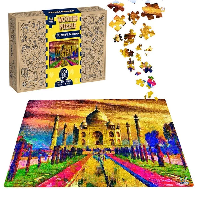 Wooden Puzzle for home lessons-Taj Mahal Painting Wooden Jigsaw Puzzle (1000 Pieces) Multicolor