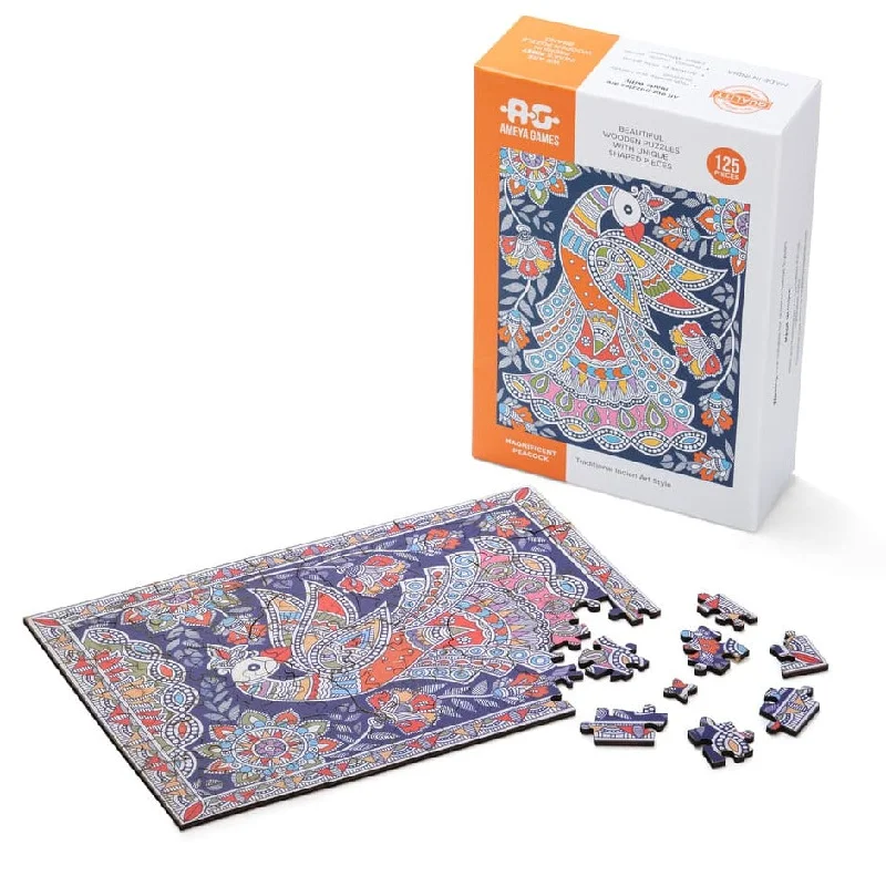 Wooden Puzzle for break play-Magnificent Peacock - 125 Piece Fun Wooden Jigsaw Puzzle