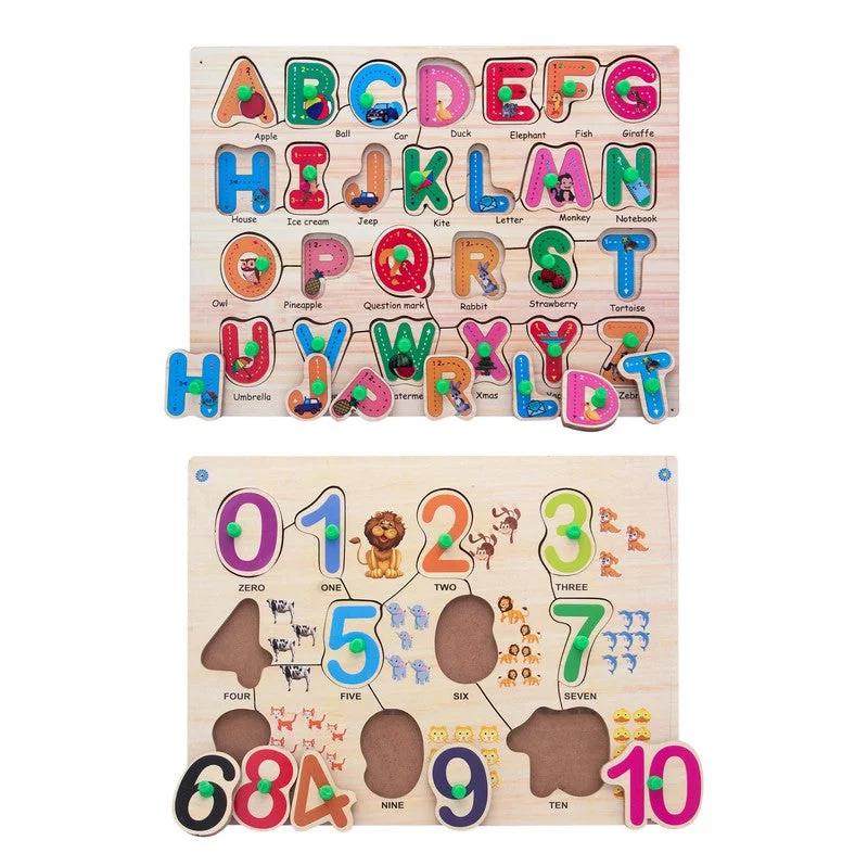 Digital Plaything for winter adventures-Wooden Alphabtes & Numbers Knob Puzzles Multicolour - 39 Pieces