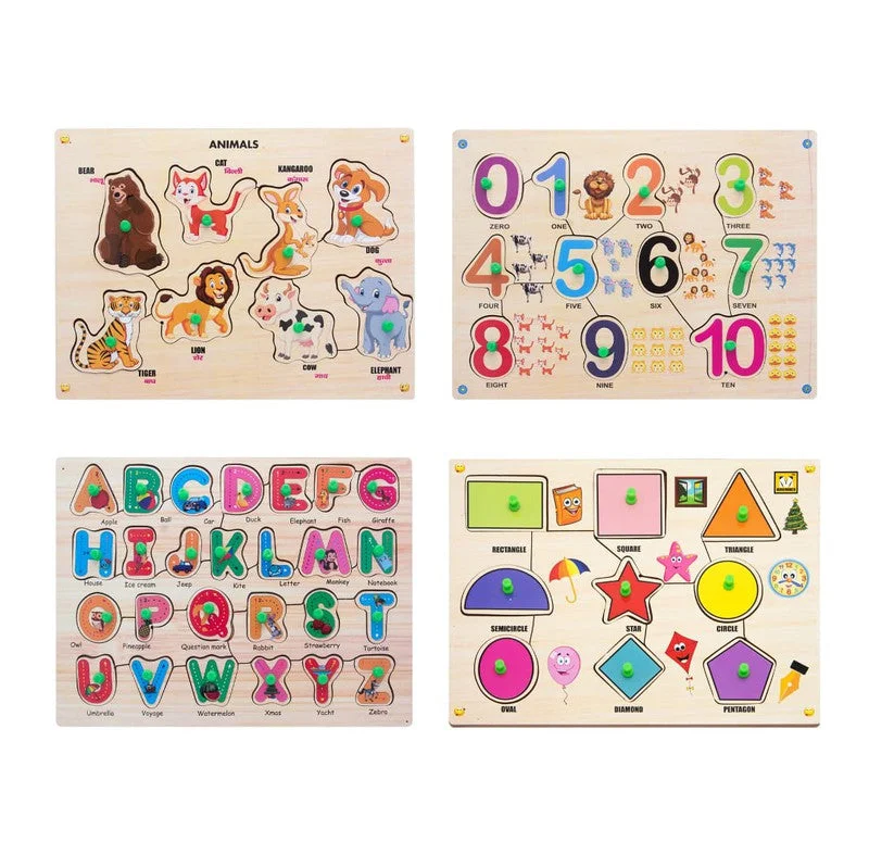 Digital Plaything for summer play-Wooden Knob Puzzles Alphabets, numbers, shapes, animals Pack of 4 - 53 Pieces