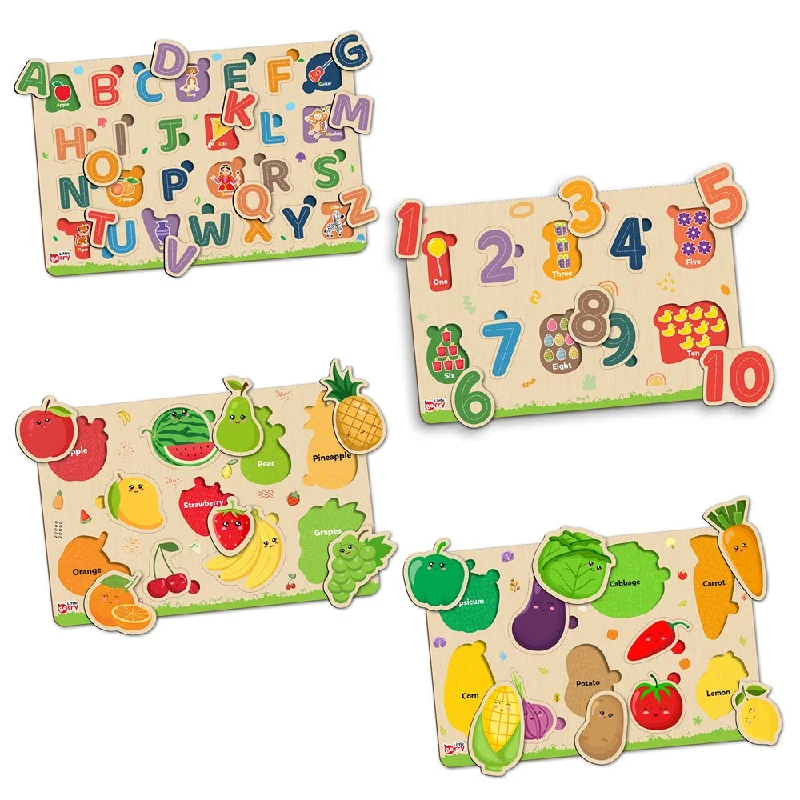 Digital Plaything for middle schoolers-My First Wooden ABC, Numbers, Fruits & Vegetables Puzzle Tray (Set of 4) | 56 Pegs