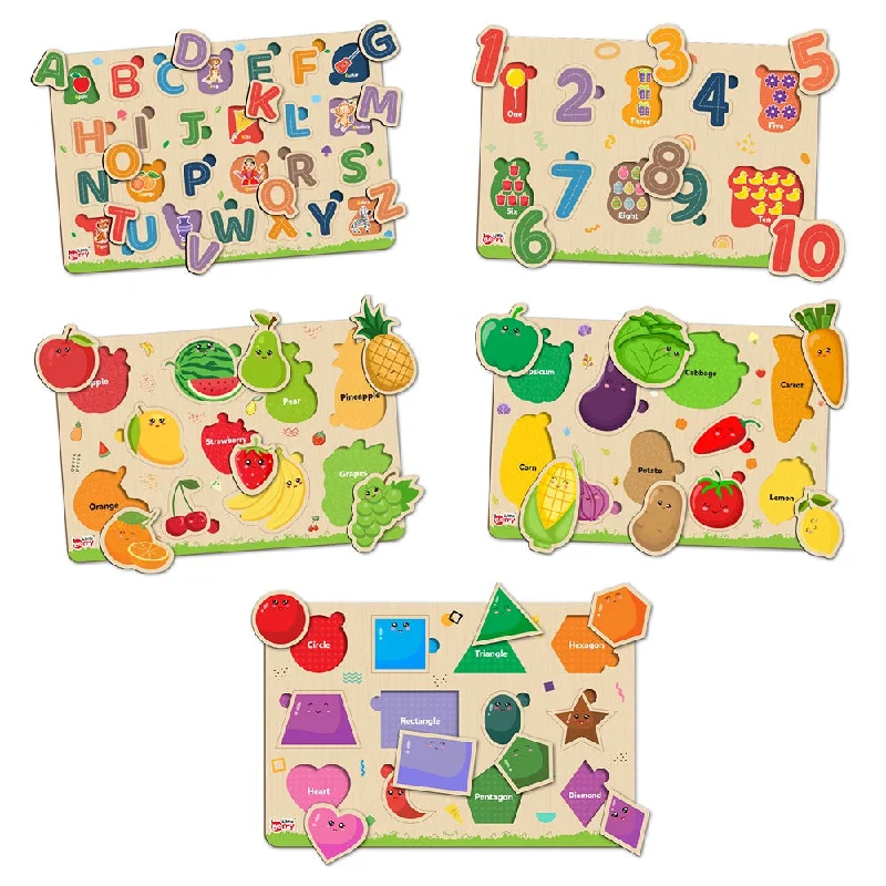 Digital Plaything for preschool apps-My First Wooden  ABC, Numbers, Fruits, Vegetables, Shapes Puzzle Tray (Set of 5) | 68 Pegs