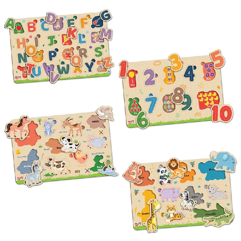 Digital Plaything for elementary kids-My First Wooden ABC, Numbers, Jungle Animals, Farm Animals Puzzle Tray (Set of 4) | 56 Pegs