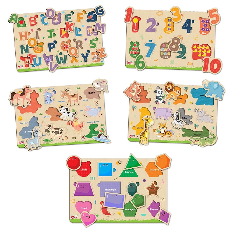 Digital Plaything for classroom use-My First Wooden ABC, Numbers, Jungle Animals, Farm Animals, Shape Puzzle Tray (Set of 5) | 68 Pegs