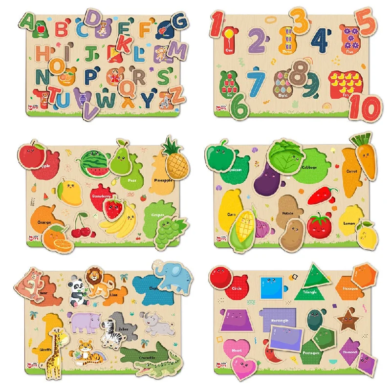 Digital Plaything for senior fun-My First Wooden  ABC, Numbers, Shapes, Fruits, Vegetables, Jungle Animals Puzzle Tray (Set of 6) | 78 Pegs