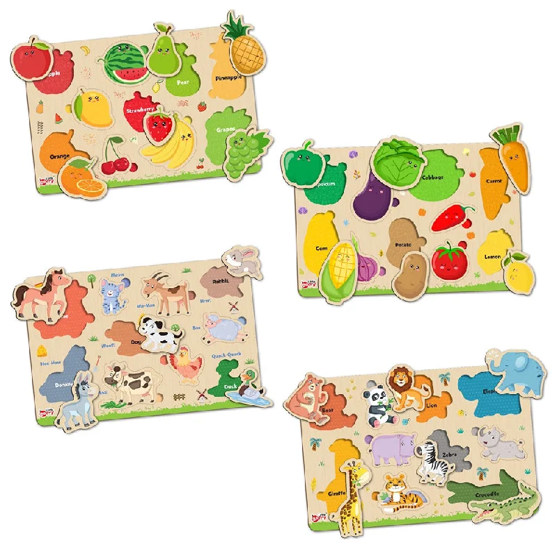 Wooden Puzzle for class tools-My First Wooden Fruits, Vegetables, Jungle Animals, Farm Animals  Puzzle Tray (Set of 4) | 40 Pegs