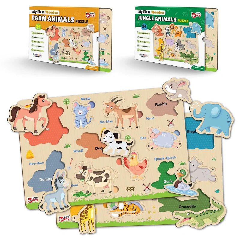 Wooden Puzzle for pupil fun-My First Wooden Jungle Animals & Farm Animals Puzzle Tray (Set of 2) | 20 Pegs