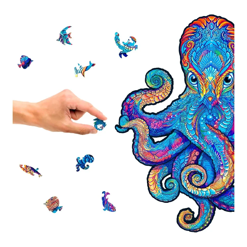 Wooden Puzzle for chill zones-Original Wooden Jigsaw Puzzles Magnetic Octopus, 200 Pieces, Medium Size 11.2"