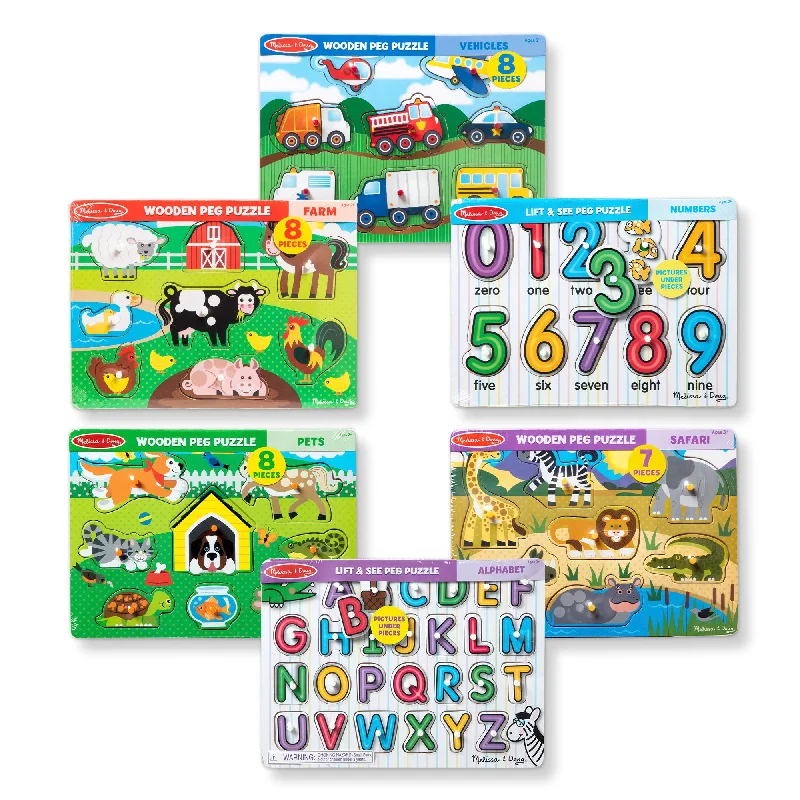 Digital Plaything for ocean games-Wooden Peg Puzzle 6-Pack: Vehicles, Numbers, Safari, Farm, Pets, Alphabet