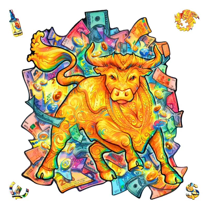 Wooden Puzzle for lush forests-Prosperous Bull 102 Piece Shaped Wooden Jigsaw Puzzle