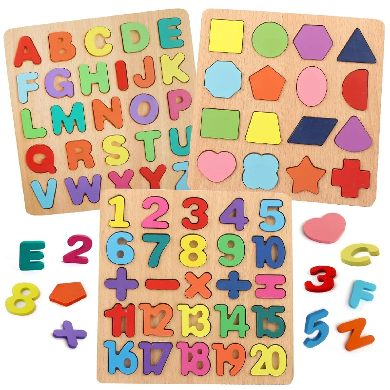 Digital Plaything for study breaks-Puzzles For Toddlers, 3 Pack Wooden Abc Alphabet Number Shape Puzzles Toddl