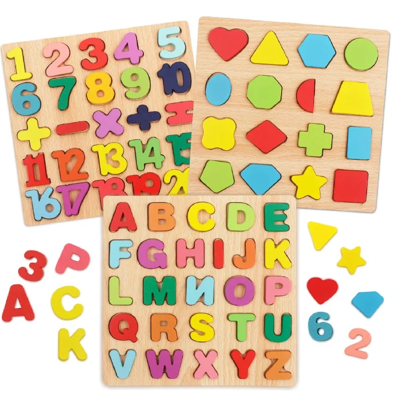 Digital Plaything for home offices-Puzzles For Toddlers,3 Pack Wooden Alphabet Number Shape Abc Name Puzzles T