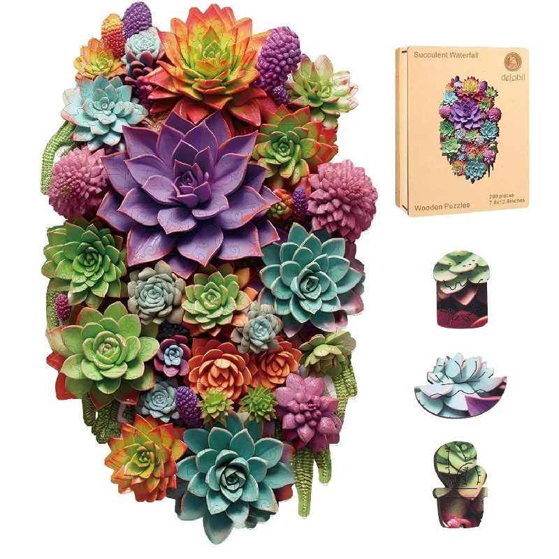 Wooden Puzzle for dorm play-Succulent Waterfall Wooden Puzzles, 200 Pieces Jigsaw Puzzles 12.6'' X7.8''