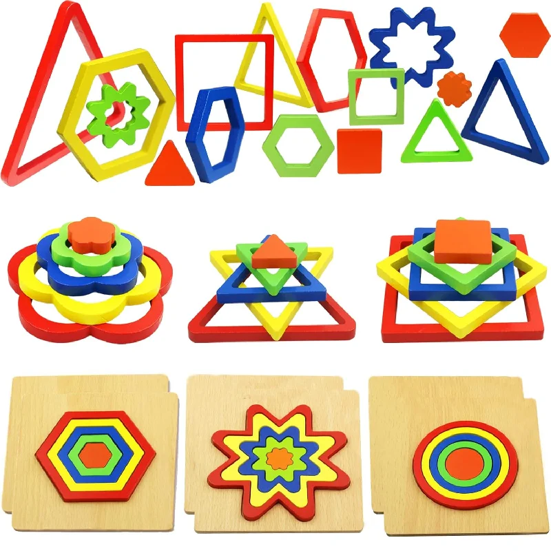 Wooden Puzzle for pupil fun-Toddler Puzzles Wooden Toys, 6 Pack Shape Sorting Puzzle Sensory Toys 1 2 3