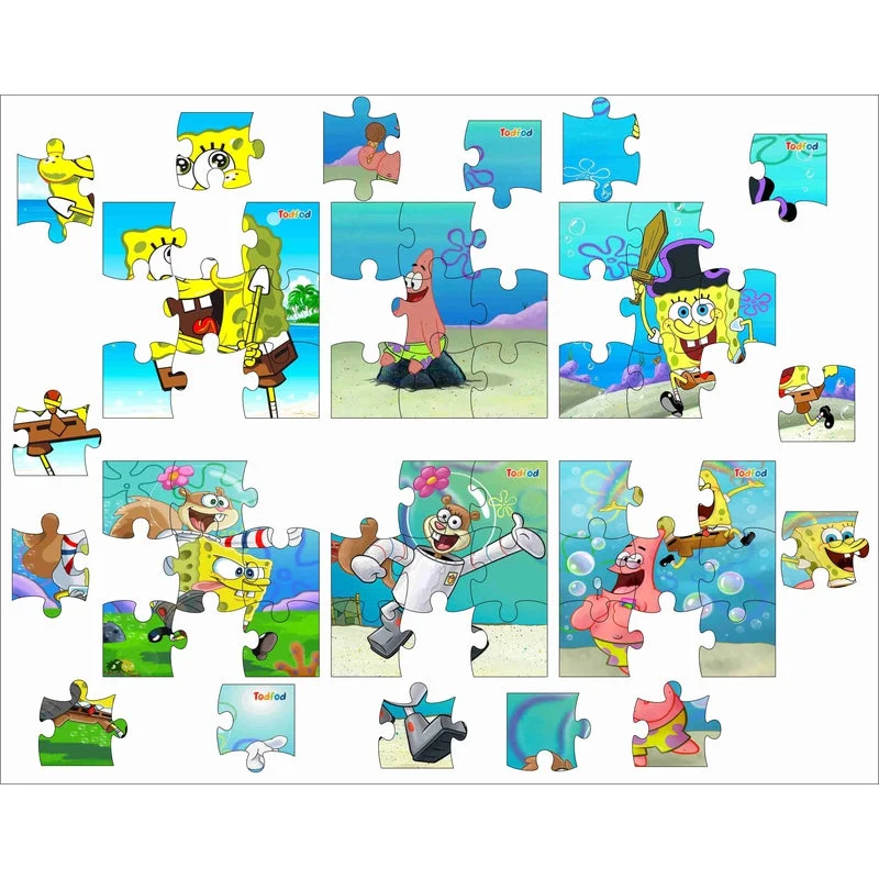 Wooden Puzzle for adult joy-Wooden Jigsaw Puzzles Toy for Kids & Children, Sponge Bob 54 Pieces 6 in 1 Jigsaw Puzzles, Anime Cartoon Character