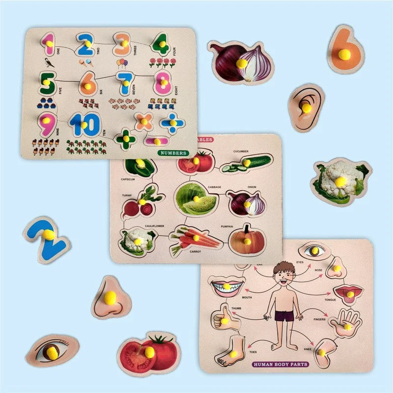 Digital Plaything for Halloween themes-3 in 1 Wooden Number, Vegetable & Body Parts Puzzles for Kids