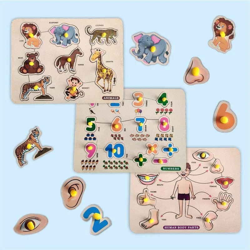 Digital Plaything for Christmas fun-3 in 1 Wooden Wild Animal,Number & Body Parts Puzzles for Kids