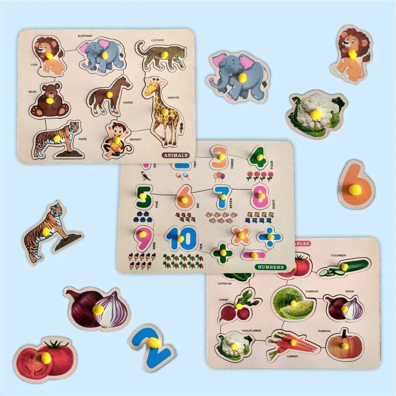 Digital Plaything for holiday play-3 in 1 Wooden Wild Animal,Number & Vegitable Puzzles for Kids