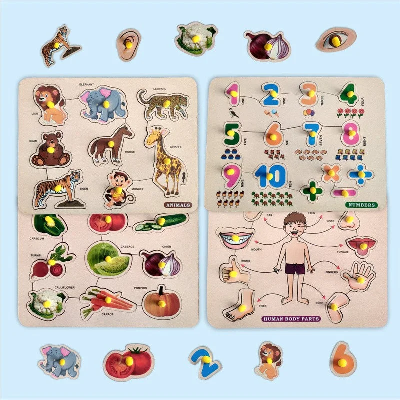 Digital Plaything for Thanksgiving joy-4 in 1 Wooden Wild Animal, Number, Vegetable & Body Parts Puzzles for Kids