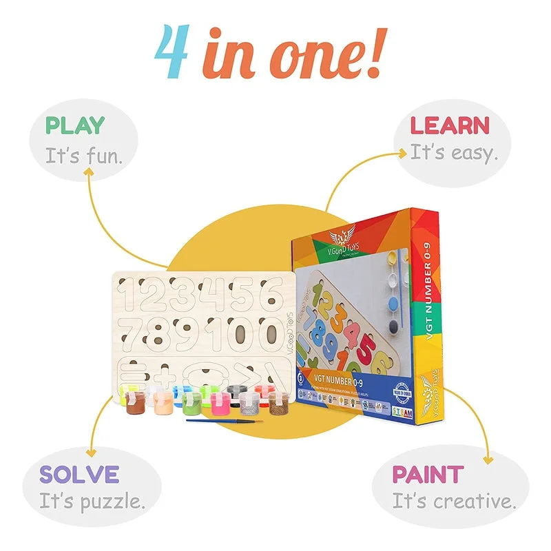 Digital Plaything for living rooms-Sustainable STEAM Wooden Number Puzzle Set with Paint and Brush for Kids