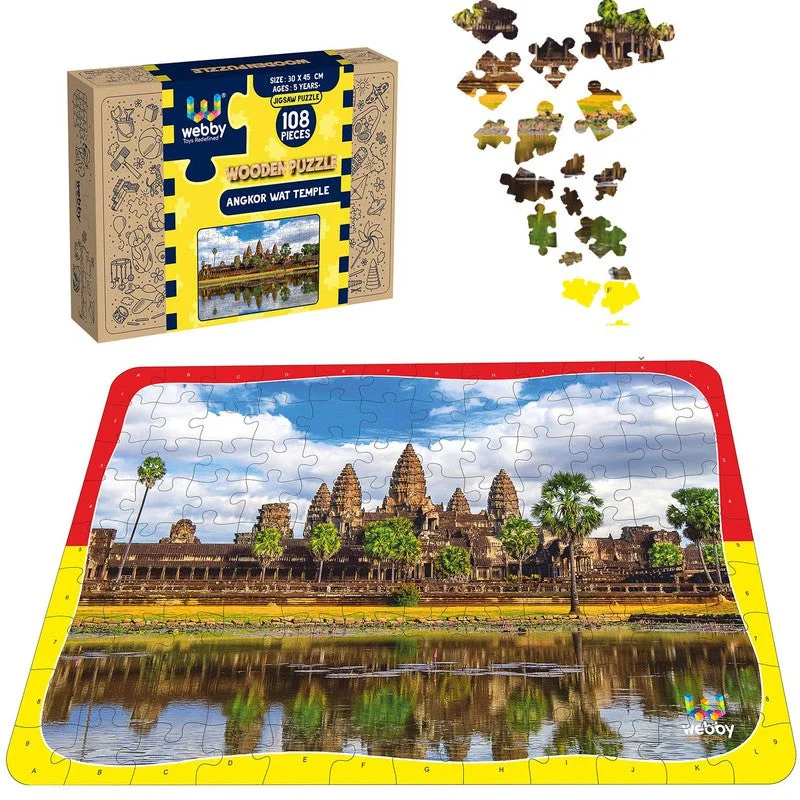 Wooden Puzzle for cozy spots-Angkor Wat Temple Wooden Jigsaw Puzzle, 108 Pieces