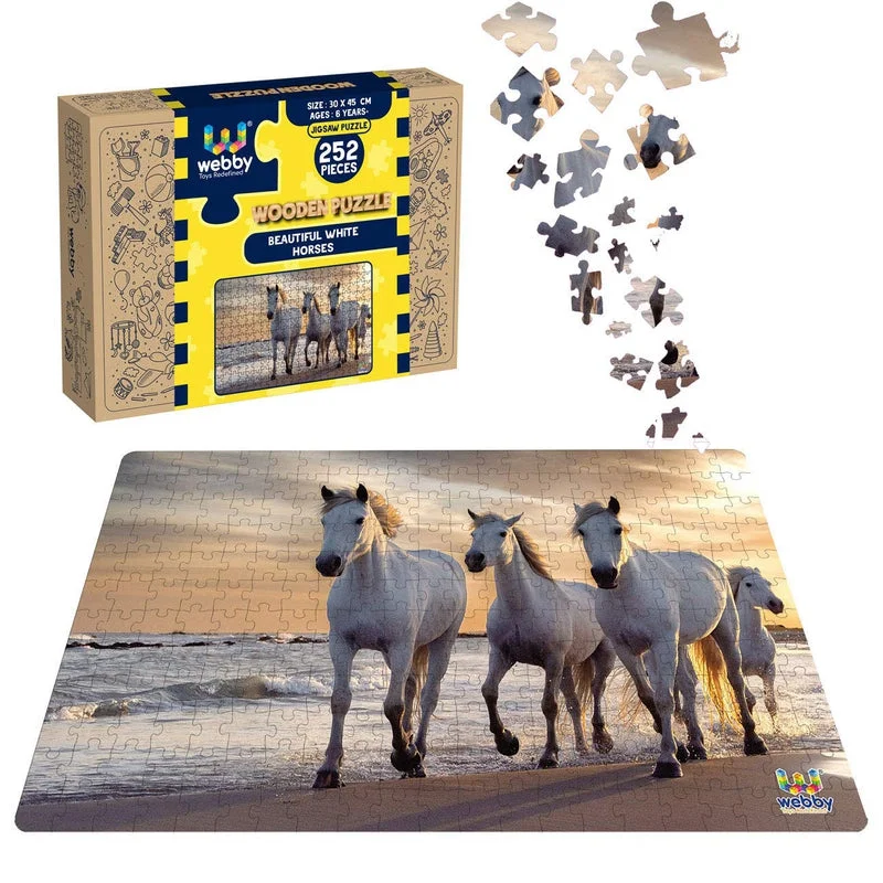 Wooden Puzzle for garden calm-Beautiful White Horses Wooden Jigsaw Puzzle - 252 Pieces