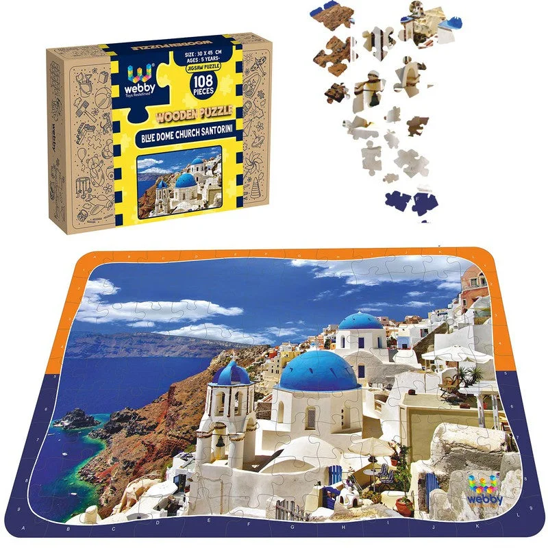 Wooden Puzzle for beach breaks-Blue Dome Church Santorini Wooden Jigsaw Puzzle, 108 Pieces