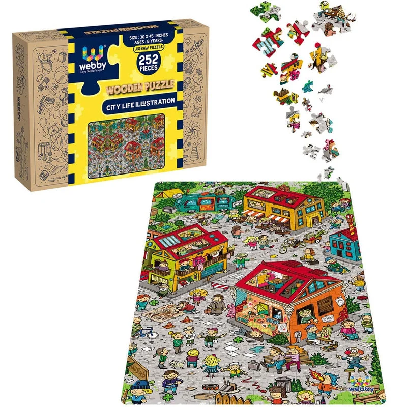 Wooden Puzzle for tiny bugs-City Life Illustration Wooden Jigsaw Puzzle - 252 Pieces