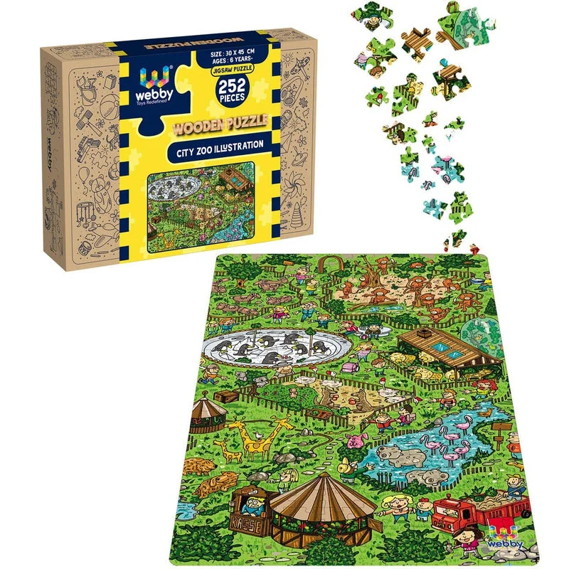 Wooden Puzzle for cuddly critters-City Zoo Illustration Wooden Jigsaw Puzzle - 252 pieces